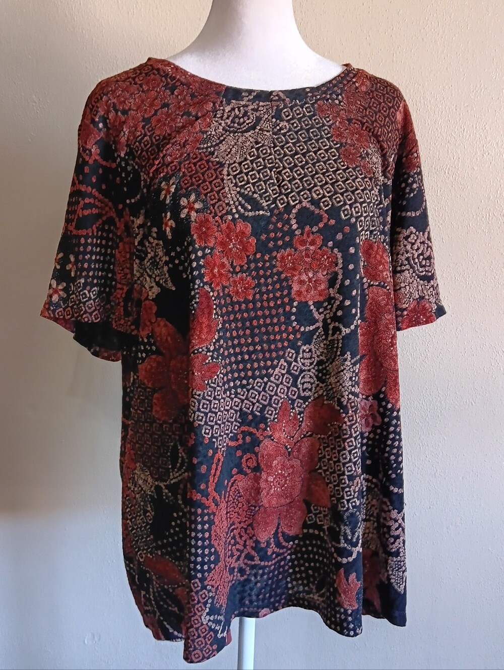 Fall Tone Boho Short Sleeve Stretchy Top By White Stag, Womens 3X Plus Size